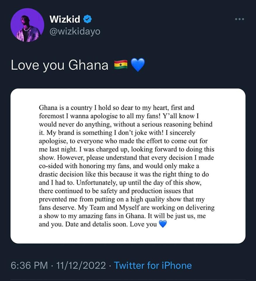 Wizkid finally speaks on his failure to show up at Accra Sports Stadium