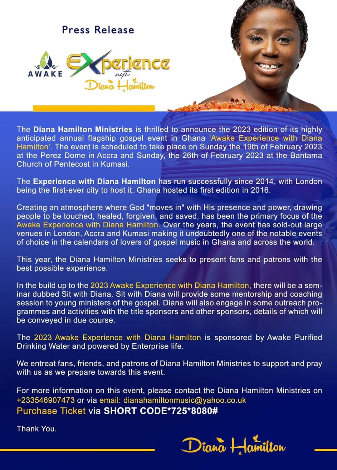 All is set for Awake Experience with Diana Hamilton on 19th Feb. in Accra and 26th Feb. in Kumasi