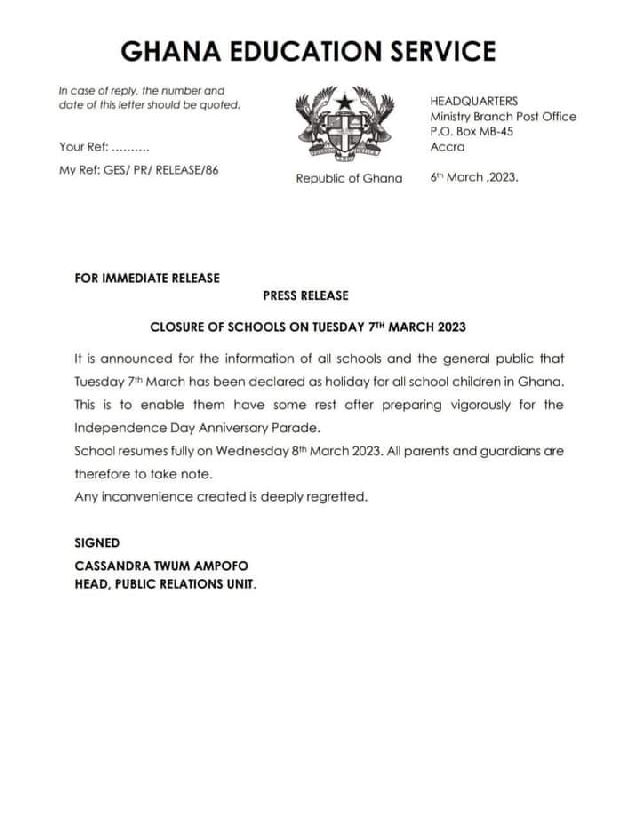 March 7 declared Holiday for school children in Ghana 