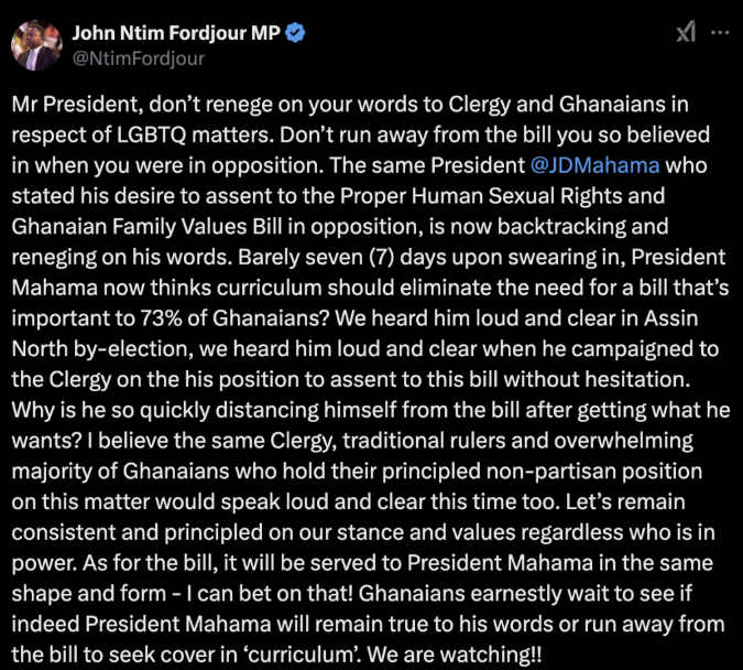 Honour your promise of Assenting to Anti-Gay Bill – Ntim Fordjour to John Mahama