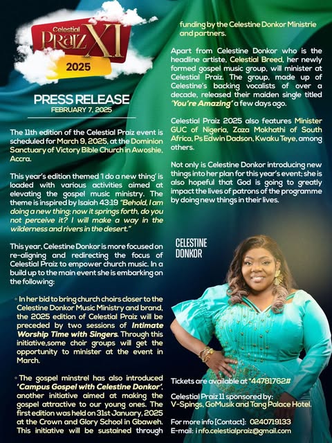 Celestine Donkor's ''Celestial Praiz XI'' 2025 Slated For March 9