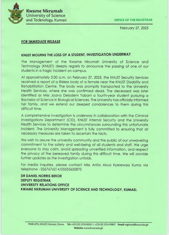 KNUST Security Found The Body Of Joana D. Yabani, A 4th-Year Biological Science Student, Near The Disability And Rehab Centre