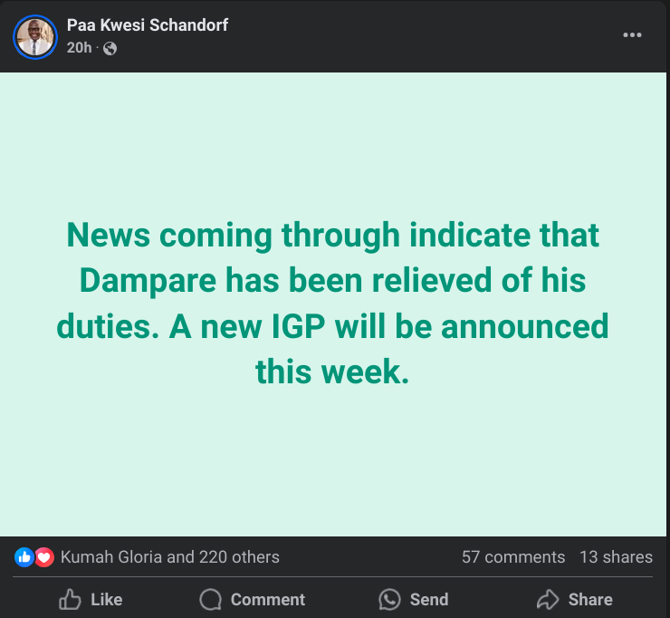IGP Dampare Allegedly Dismissed – Journalist Paa Kwesi Schandorf Shares Details