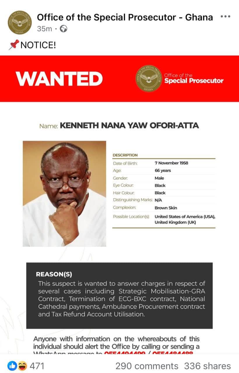 OSP Declares Former Finance Minister Ken Ofori-Atta Wanted