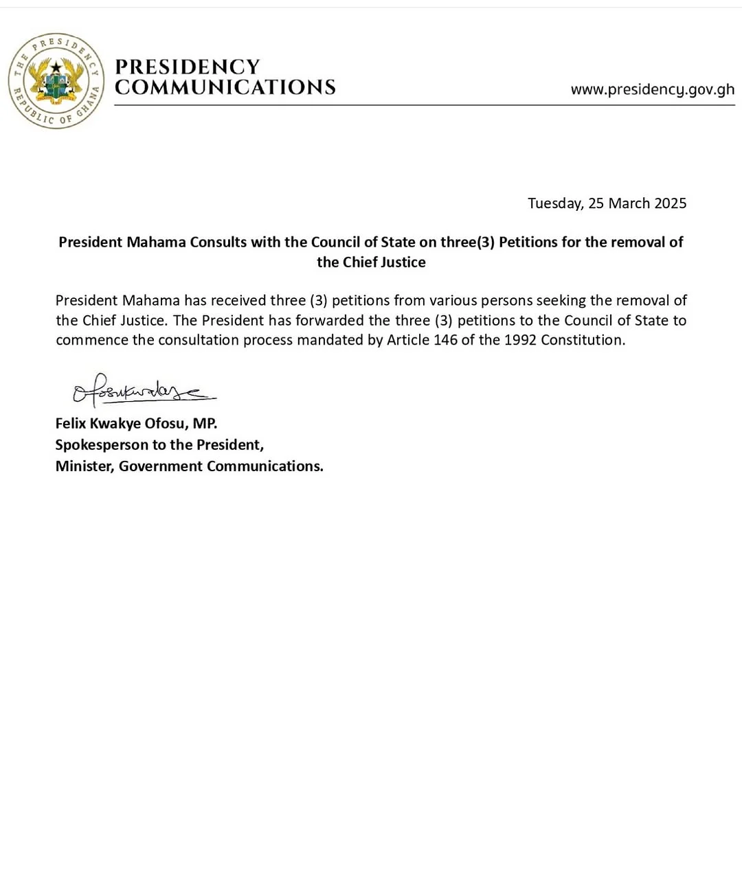 Mahama Consults Council Of State On Petitions To Remove Chief Justice