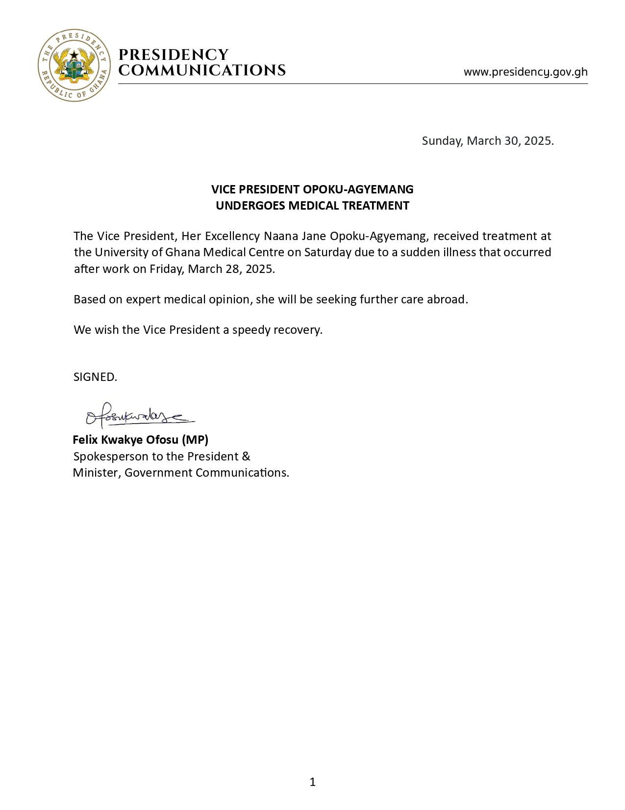 Vice President Opoku-Agyemang In Stable Condition Following Medical Treatment 