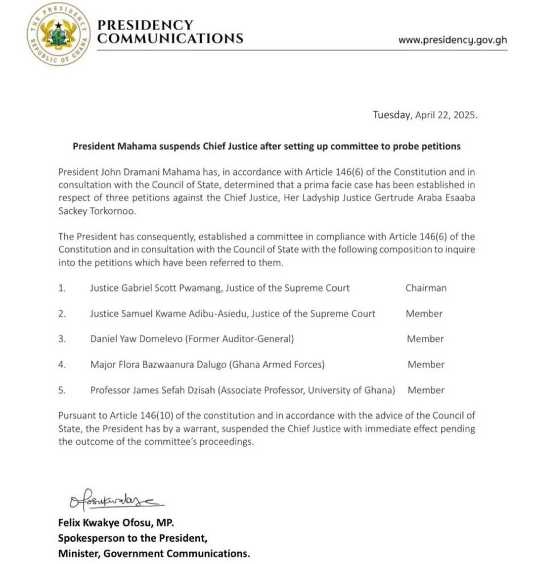 President Mahama Suspends Chief Justice Gertrude Torkornoo