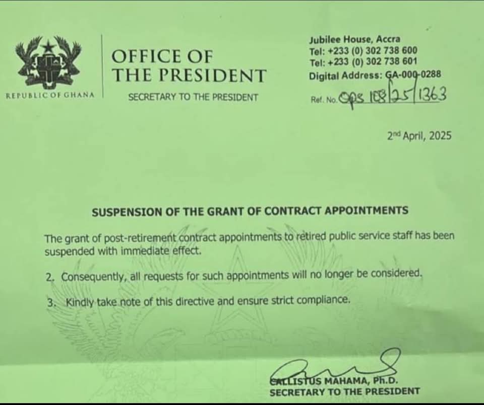 Government Suspends Contract Appointments For Retired Public Servants