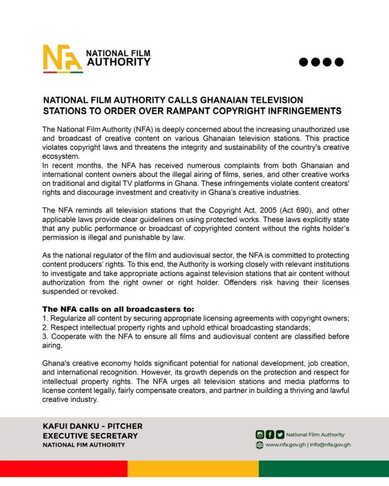 NFA Issues Warning To Ghanaian TV Stations For Rampant Copyright Infringements