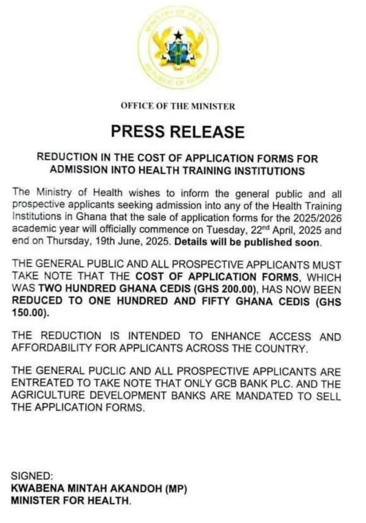 Gov’t Slashes Nursing Training Admission Forms Fee From GH¢200 To GH¢150
