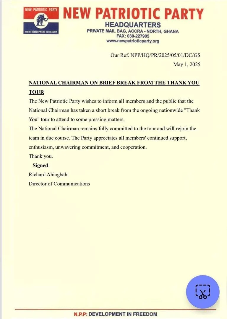 NPP National Chairman Temporarily Suspends ‘Thank You Tour’