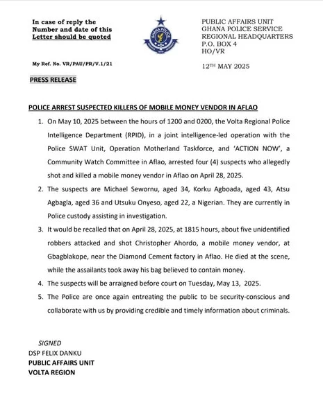 Police Arrest Four In Connection With Murder Of Mobile Money Vendor In Aflao