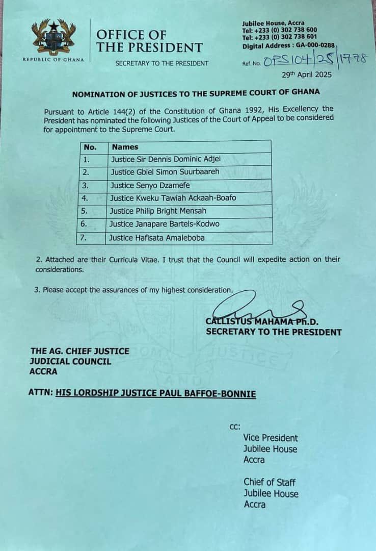 President Mahama Nominates Seven Justices To The Supreme Court