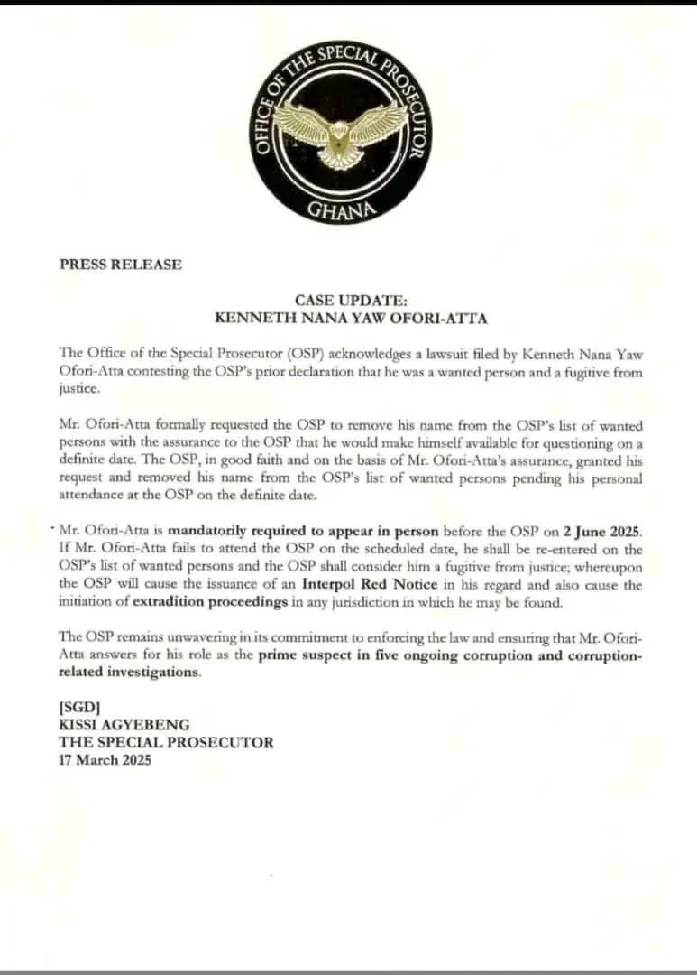 Today Is The Deadline For Ken Ofori-Atta To Appear Before The OSP
