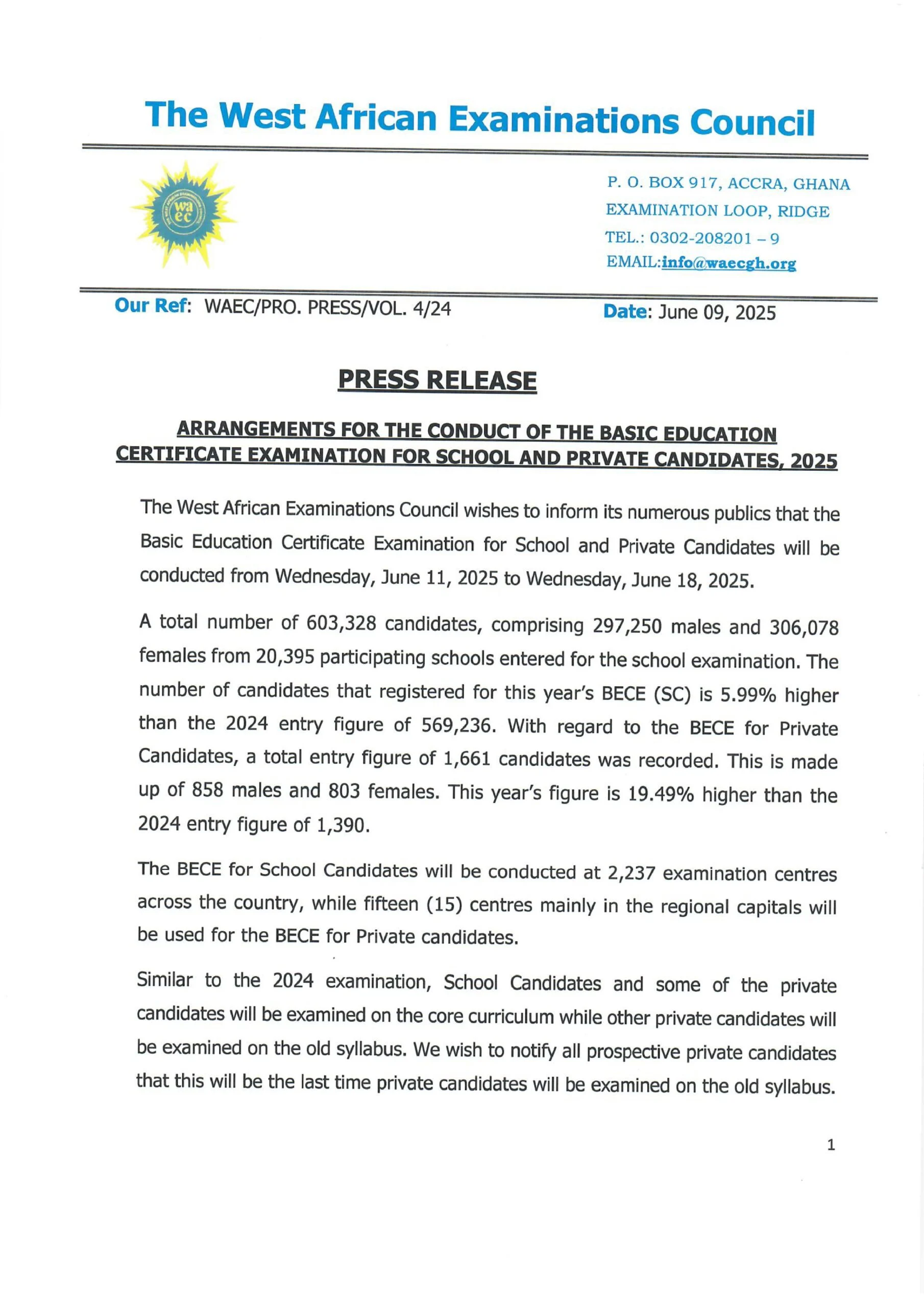Over 600,000 Candidates Set To Take 2025 BECE – Ghana Education Service