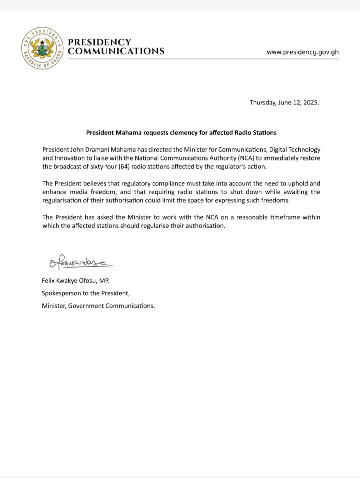 Mahama Pardons 64 Closed Radio Stations, Orders Sam George And NCA To Allow Time For Compliance