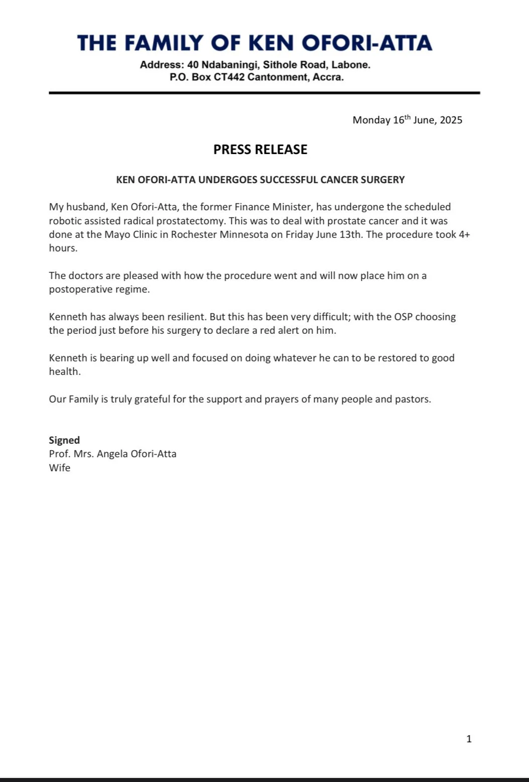 Ken Ofori-Atta Is Not Evading Justice; He’s Recovering From Surgery, Says Wife