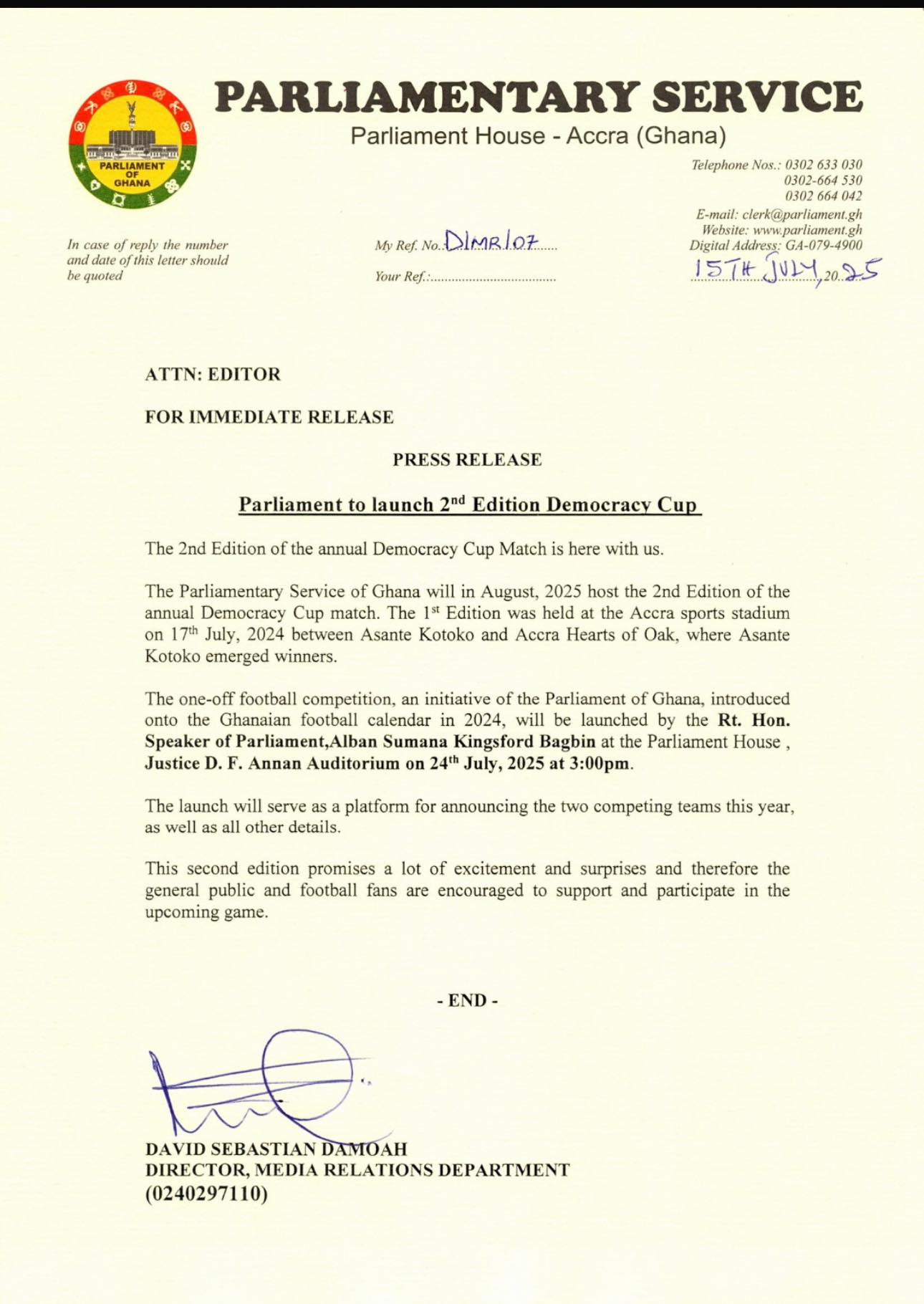 Democracy Cup: Parliament To Launch Second Edition On July 24