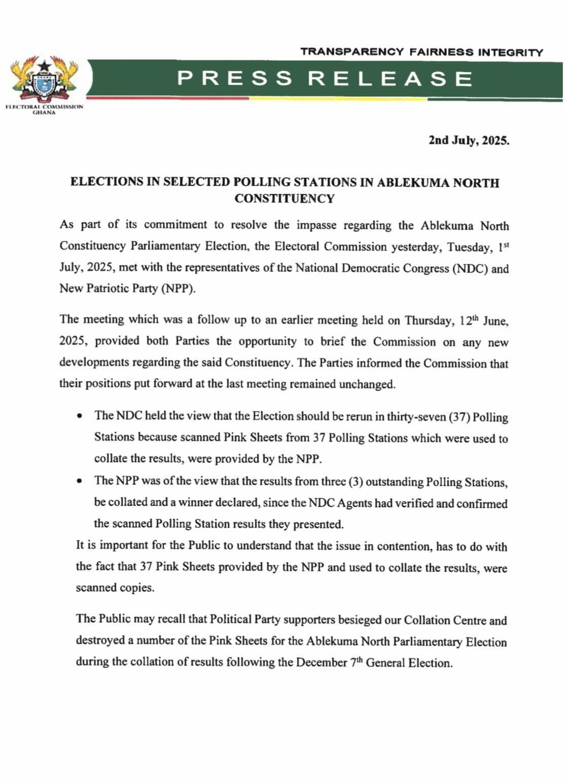BREAKING: EC To Rerun Ablekuma North Parliamentary Elections In 19 Polling Stations