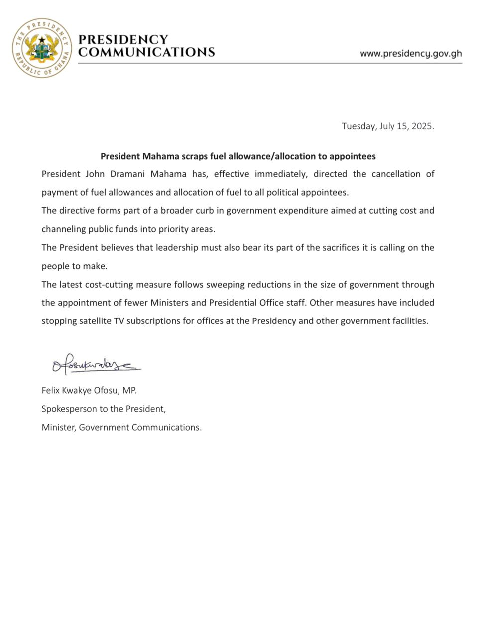 Mahama Abolishes Fuel Allowances For Political Appointees
