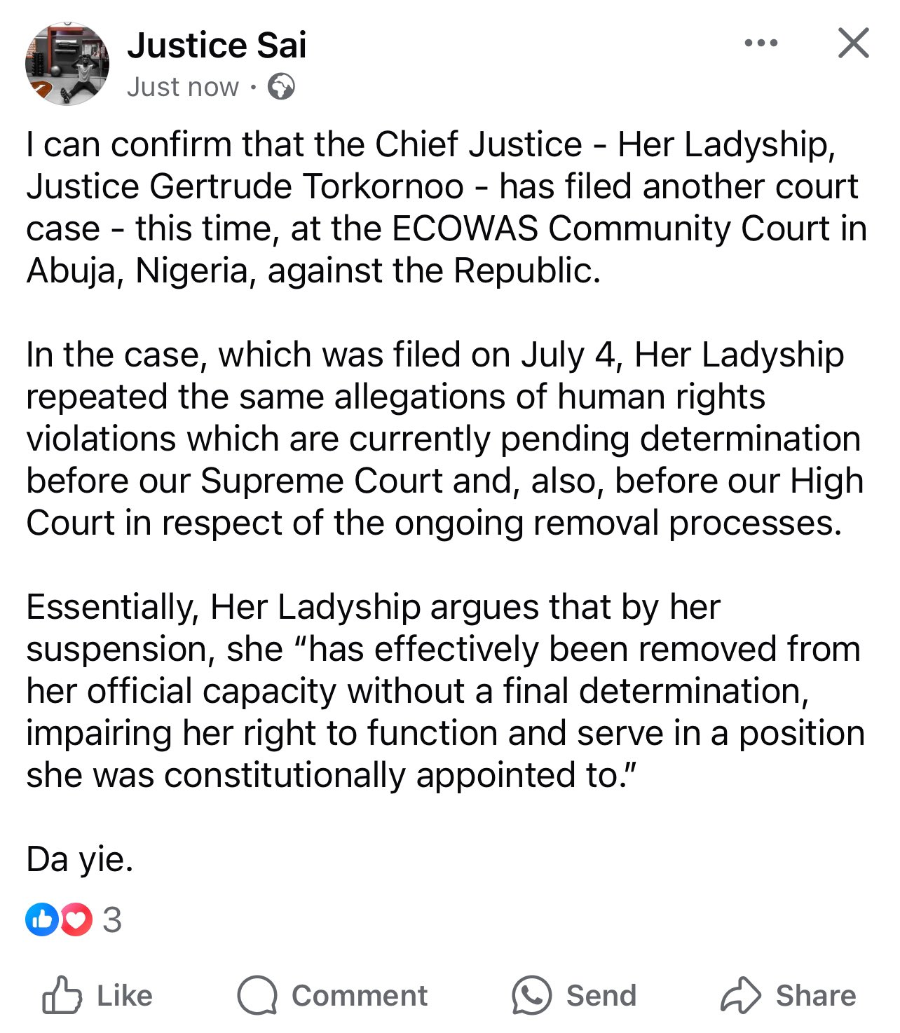 Chief Justice Torkornoo Drags Government To ECOWAS Court Over Removal