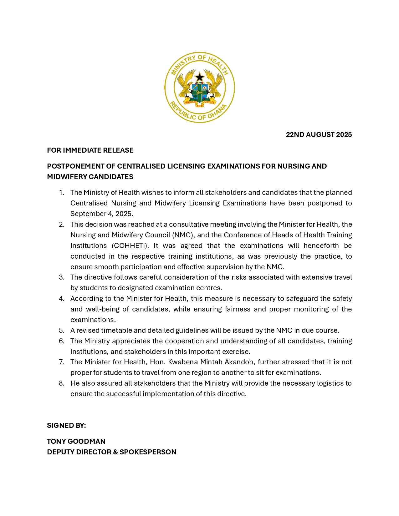 Nursing And Midwifery Licensing Exams postponed To September 4