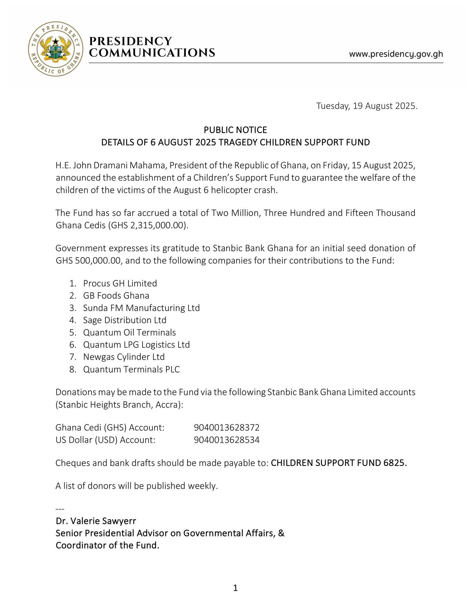 Support Fund For Children Of Helicopter Crash Victims Reaches GHS 2.3 Million