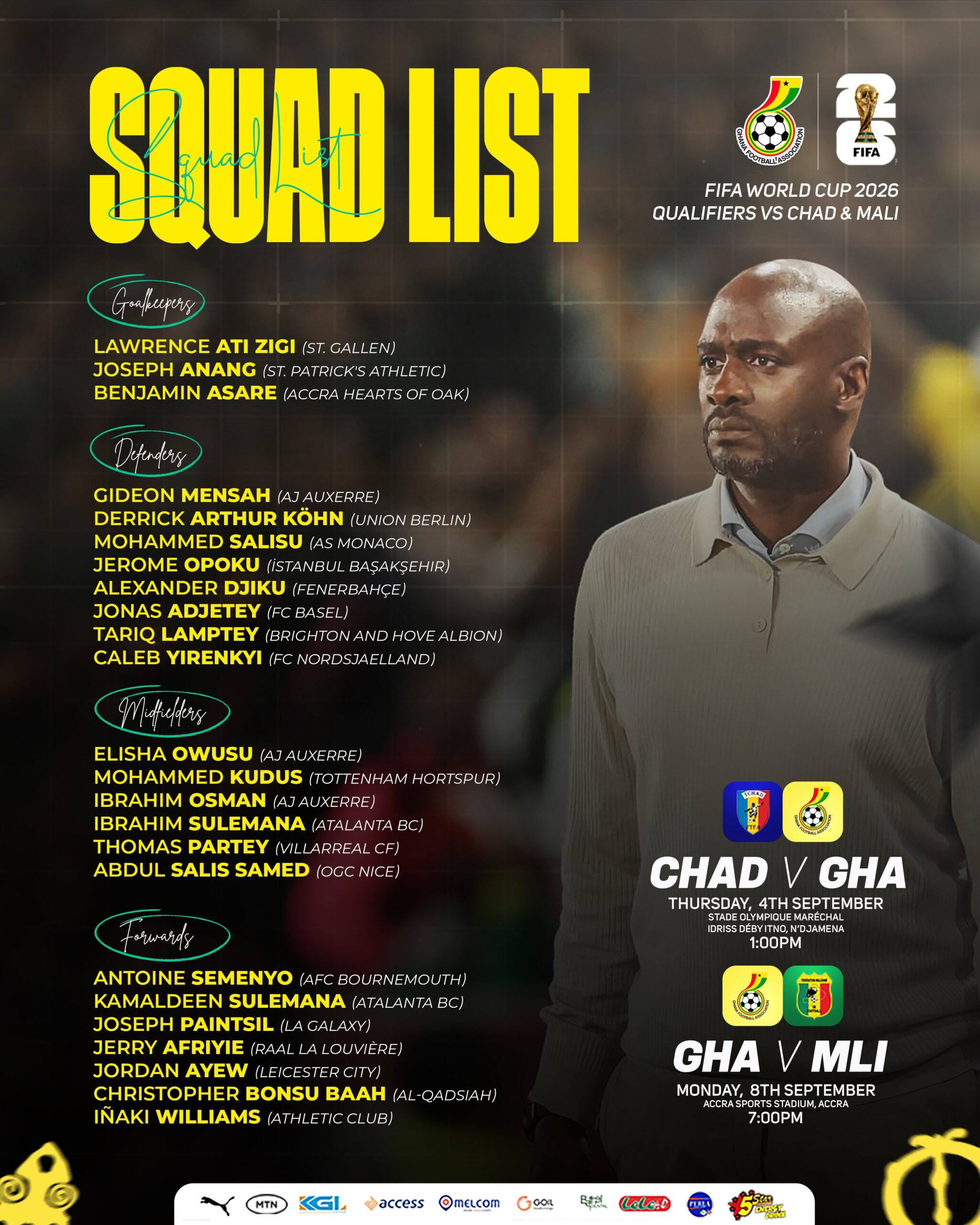 Otto Addo Announces Black Stars Line-Up For World Cup Qualifiers Against Chad, Mali