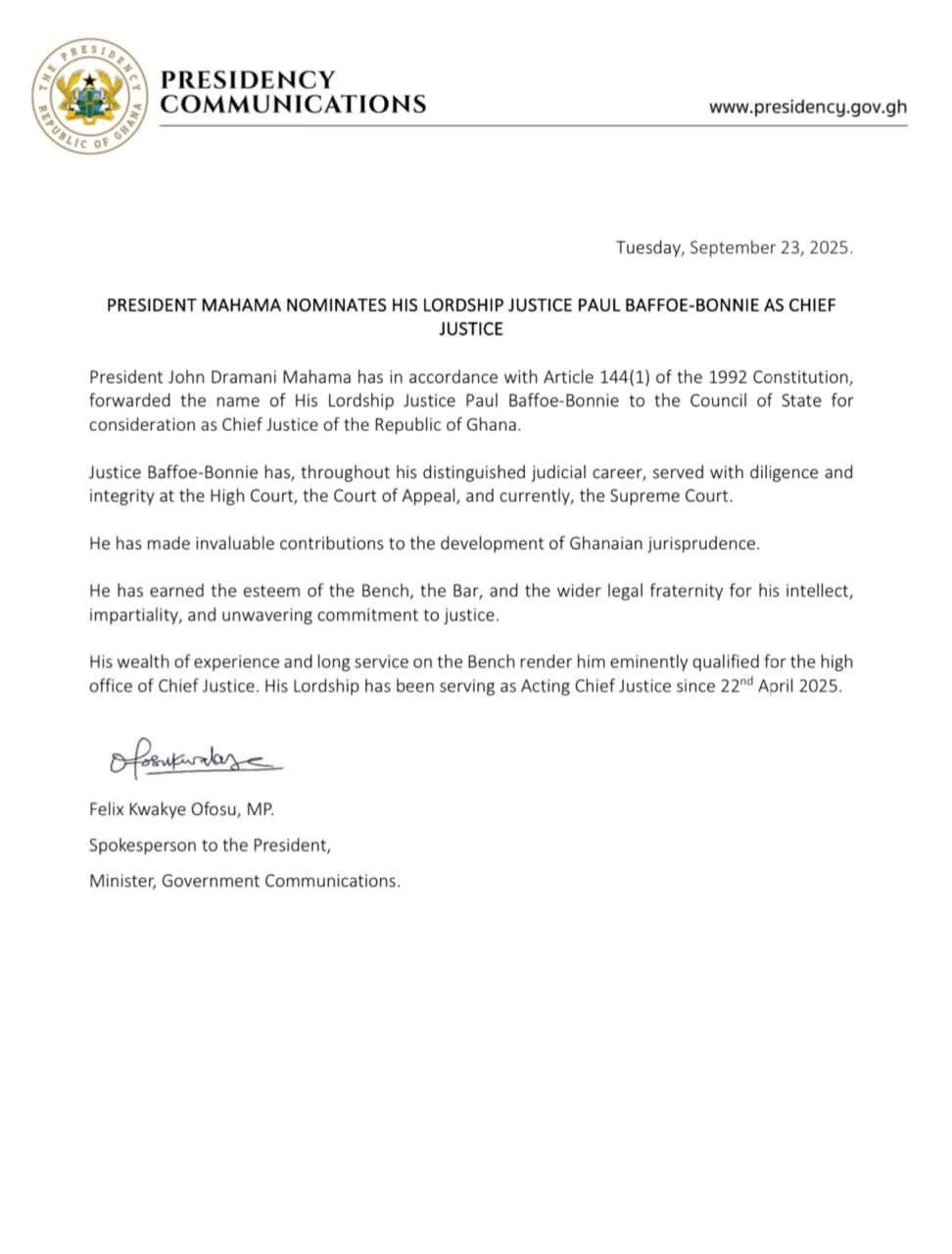 Mahama Appoints Paul Baffoe-Bonnie As Chief Justice Nominee