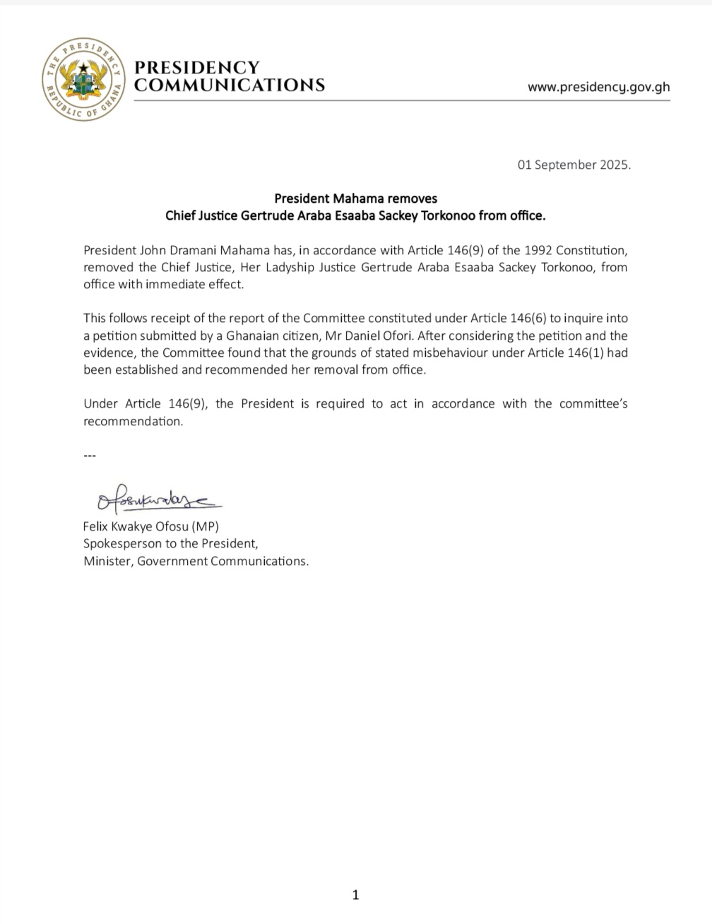 Chief Justice Getrude Torkornoo Removed By President Mahama