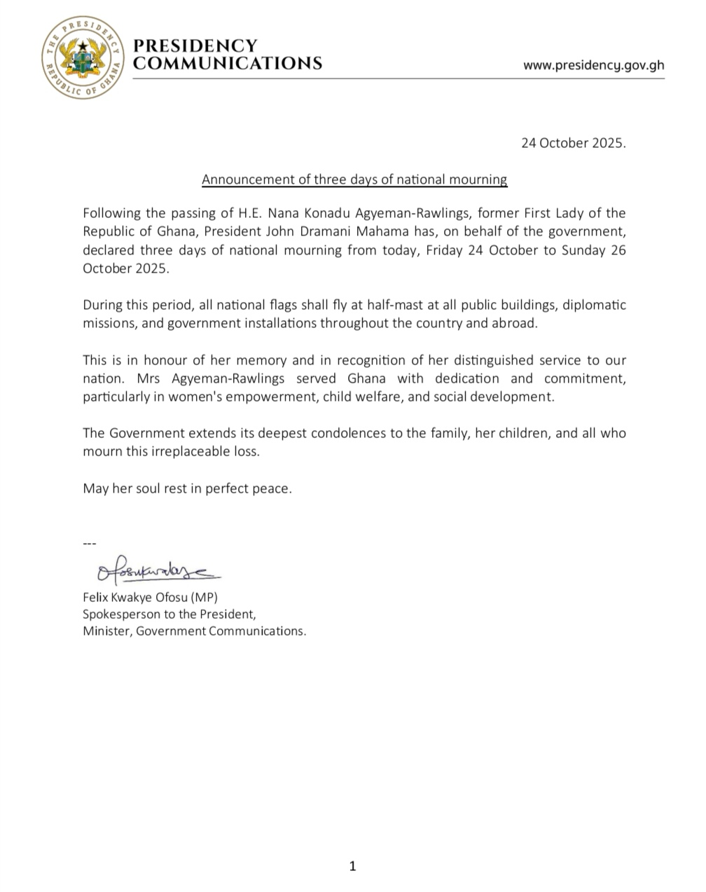 Gov’t Declares 3-Day Mourning; Flags To Fly Half-Mast For Konadu Agyeman-Rawlings