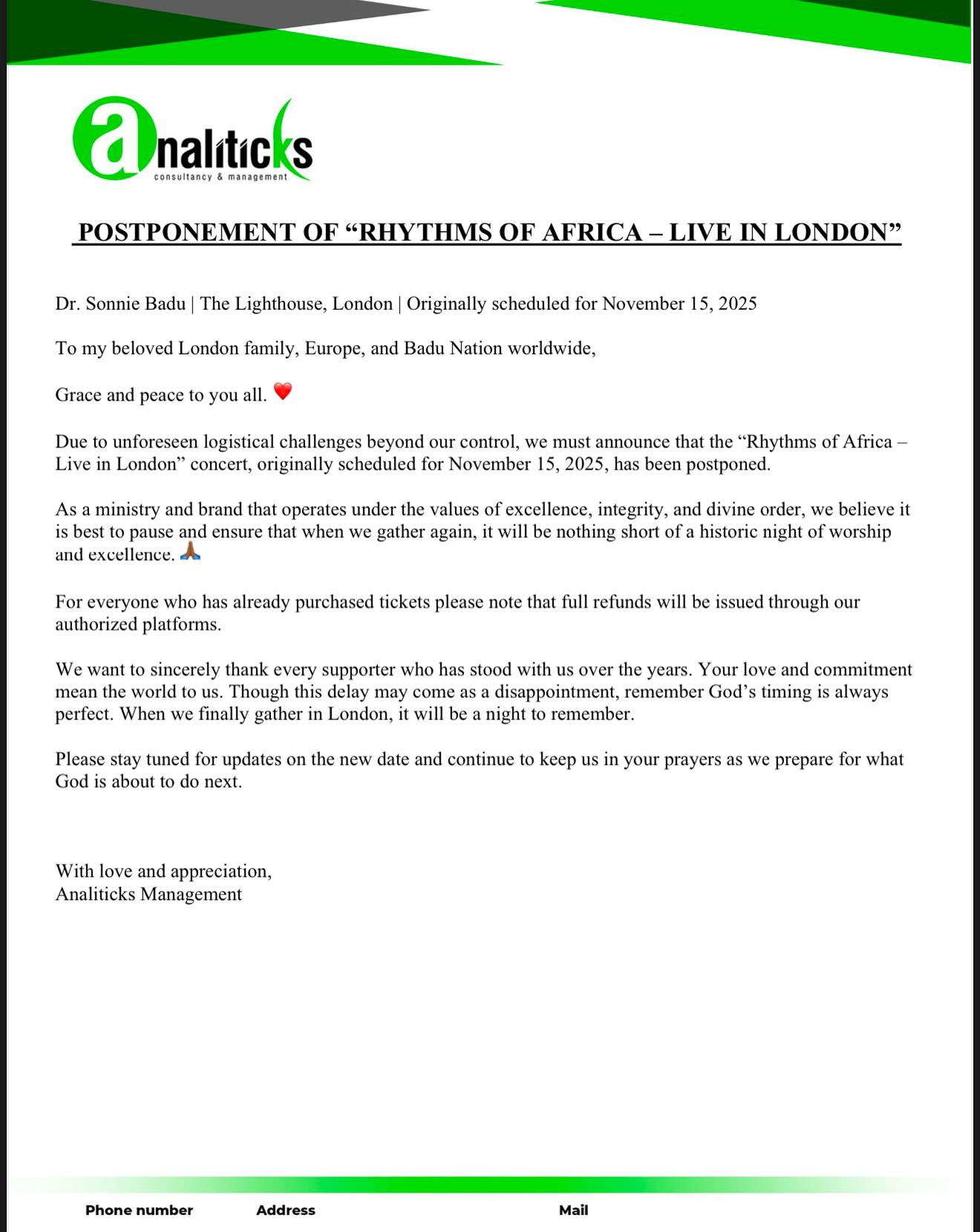 Sonnie Badu’s “Rhythms Of Africa'' Live in London Concert Officially Postponed