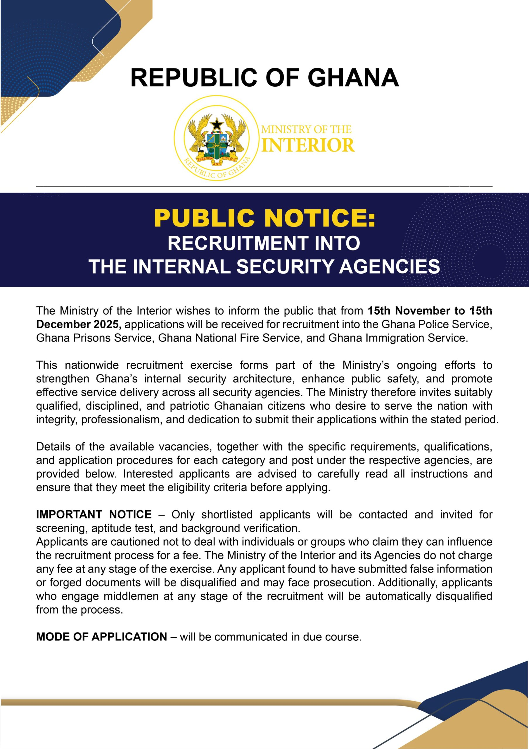 Recruitment for Police, Fire, Prisons, and Immigration Services Starts November 15