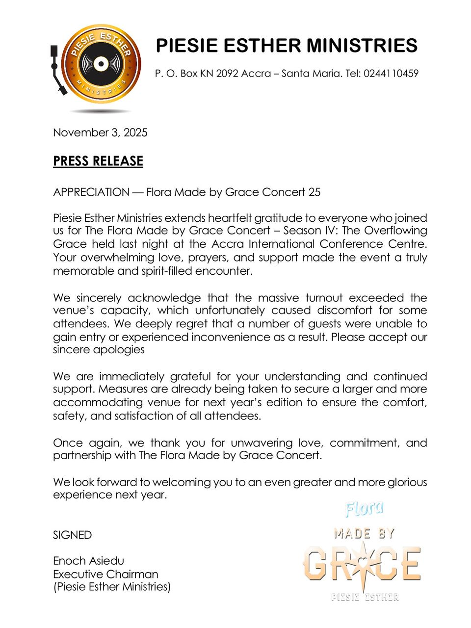 Piesie Esther Expresses Joyful Gratitude To Her Fans Following The Spirit-Filled ''Flora Made by Grace'' Concert
