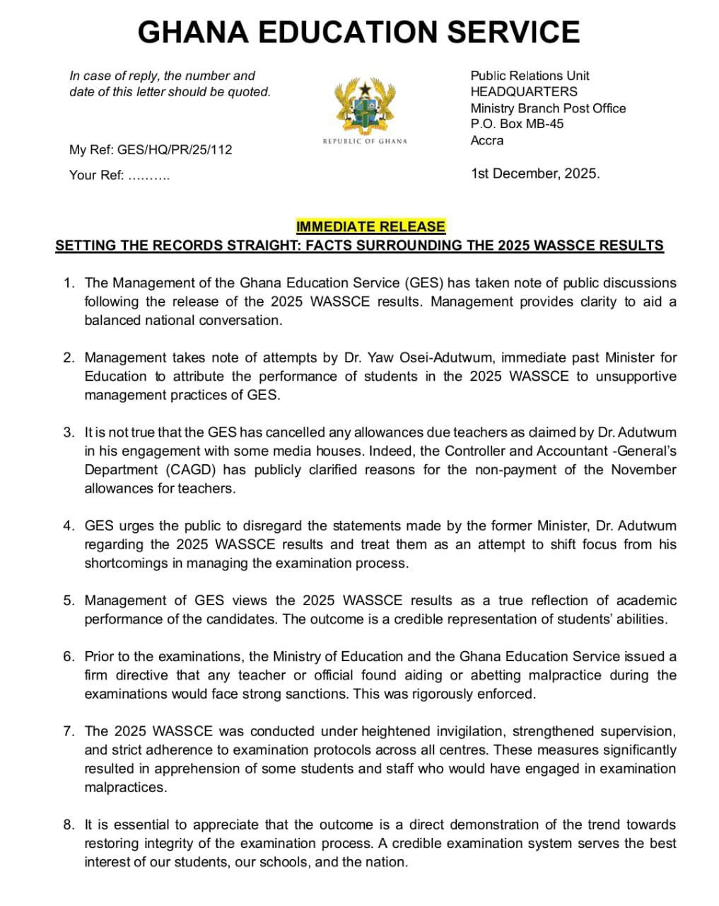 Gov’t Not Responsible For 2025 WASSCE Decline – Haruna Iddrisu