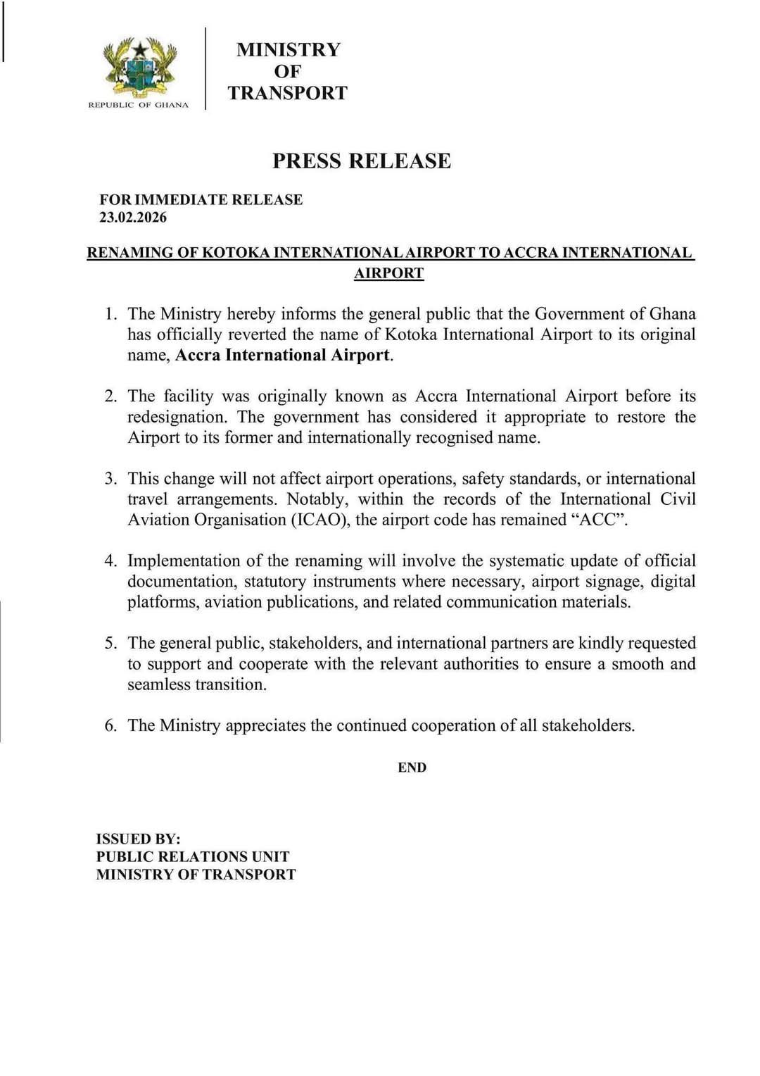 Government Renames Kotoka International Airport To Accra International Airport
